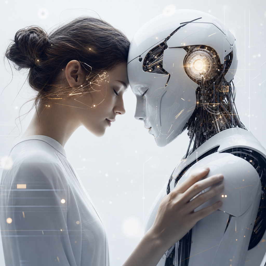 Ilustración de una máquina y un humano interactuando en una fusión emocional y tecnológica futurista