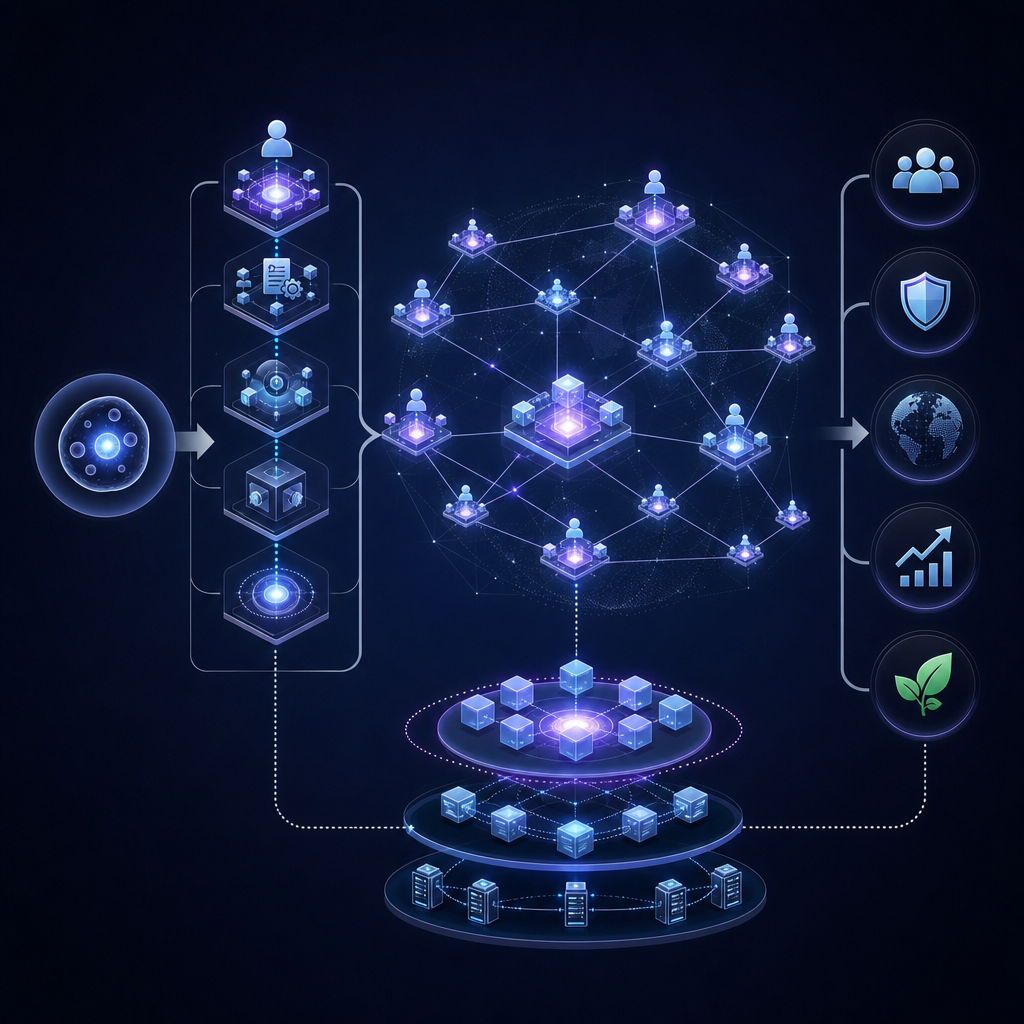 Diagrama detallado que muestra cómo funcionan las células criptoeconómicas en una estructura web3 descentralizada y su impacto