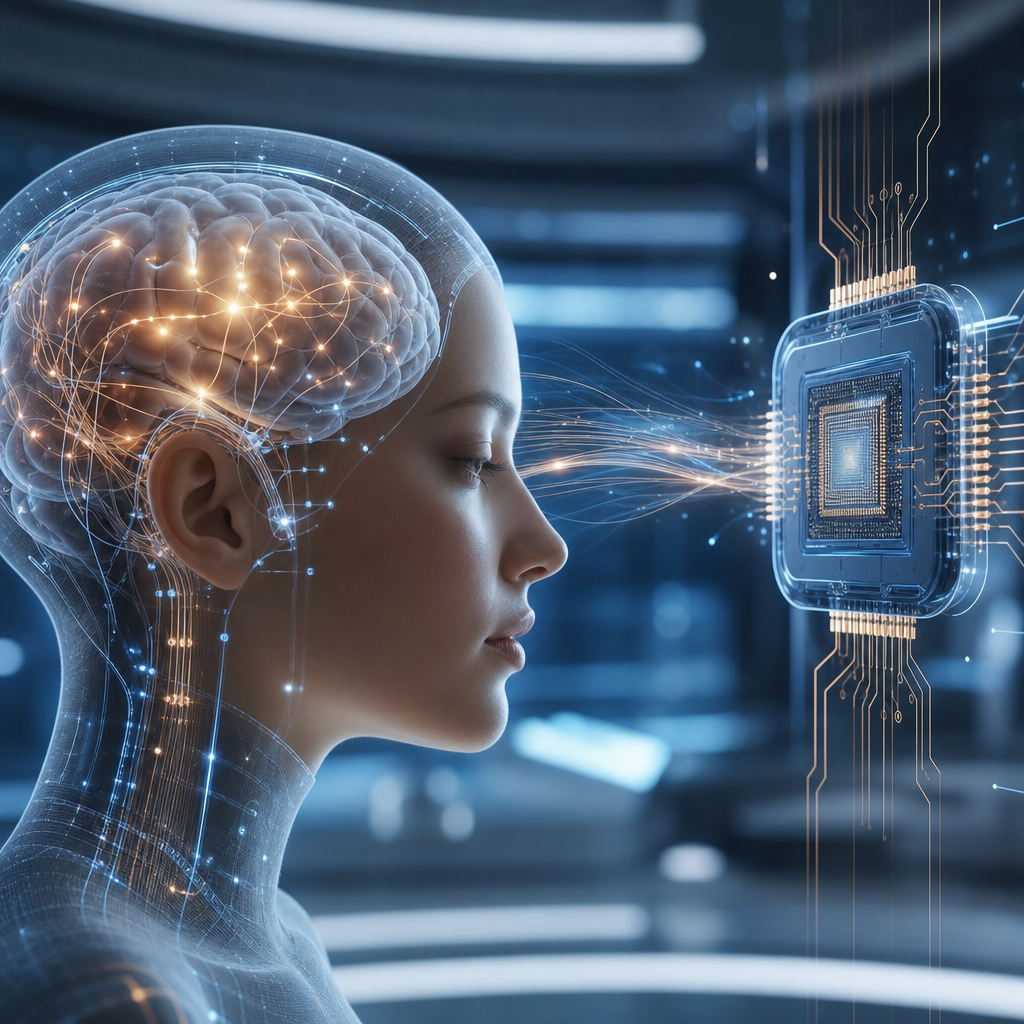 Interacción moderna entre cerebro humano y biochip en un entorno futurista avanzado