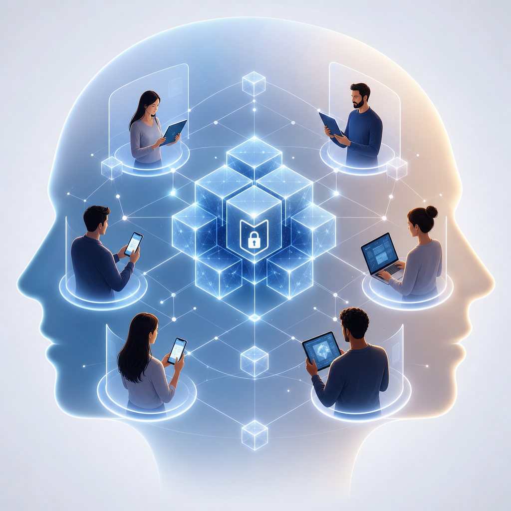 Personas interactuando digitalmente en un espacio mental simbolizando conexión y protección a través de Blockchain