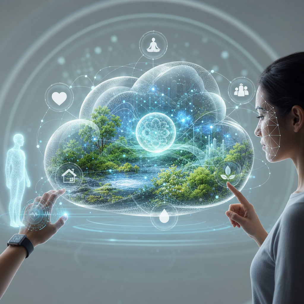 Ilustración artística que visualiza la nube osmótica como un ecosistema digital autorregulador adaptándose continuamente al entorno humano con interacciones biométricas y digitales