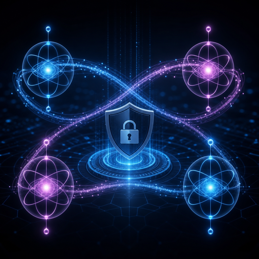 Ilustración de qubits en superposición y entrelazamiento cuántico para ciberseguridad avanzada
