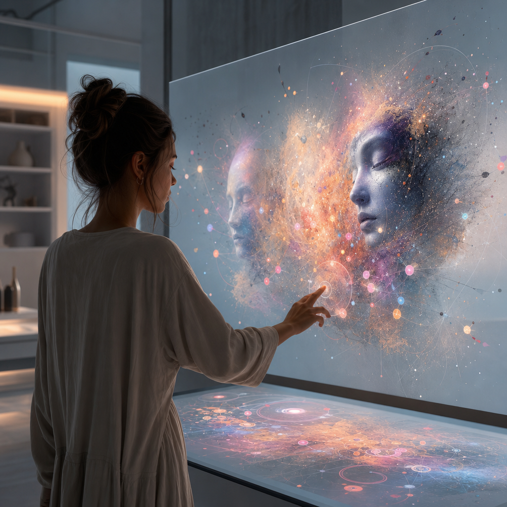 Artista explora interfaz sensorial digital que reacciona emocionalmente creando arte interactivo y evolutivo