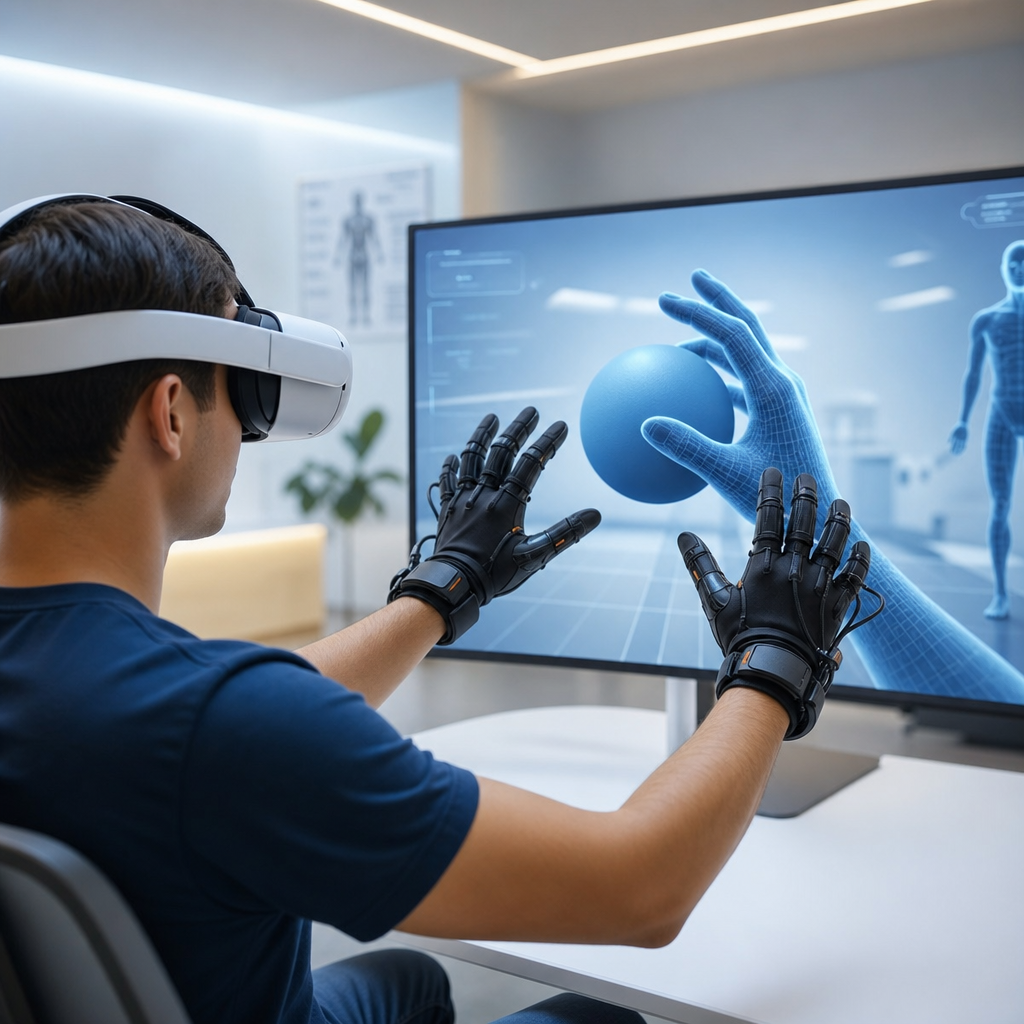 Paciente en rehabilitación usando guantes hápticos que brindan retroalimentación táctil en un entorno virtual médico
