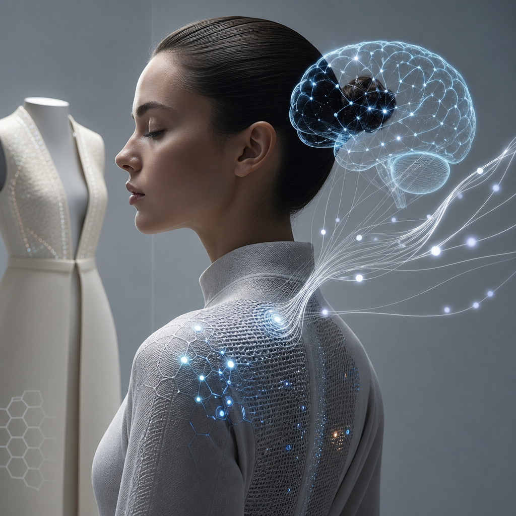 Textura de tela con sensores futuristas interactuando con cerebro humano en entorno de moda contempodérmica