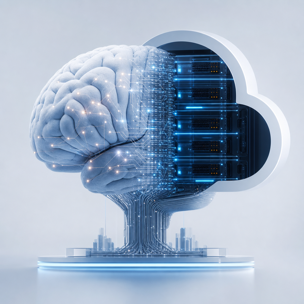 Cerebro humano fusionado con un servidor de nube, ilustración futurista y tecnológica, estilo editorial moderno
