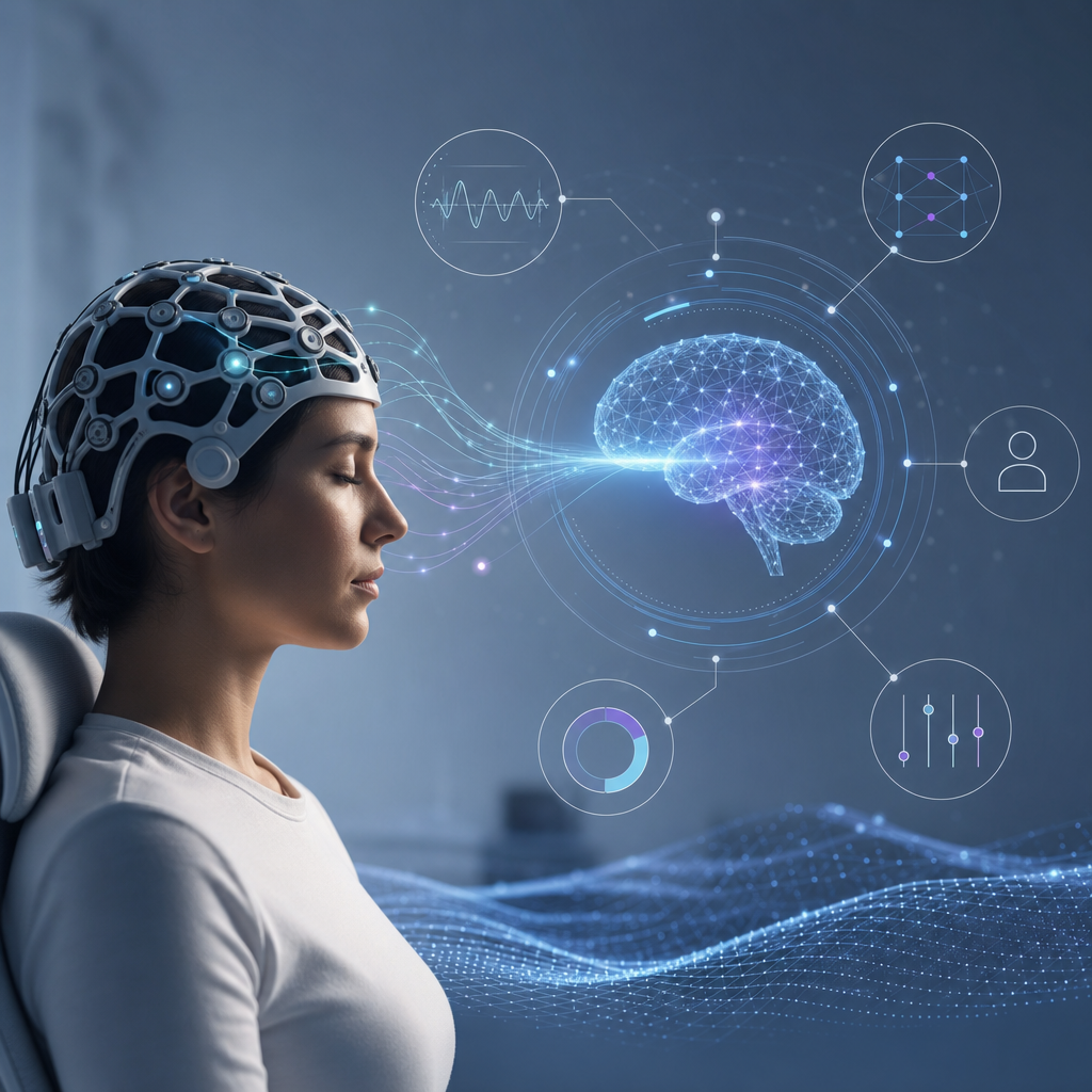 Interfaz neuro-adaptativa moderna con AI interpretando señales cerebrales en tiempo real desde un casco EEG