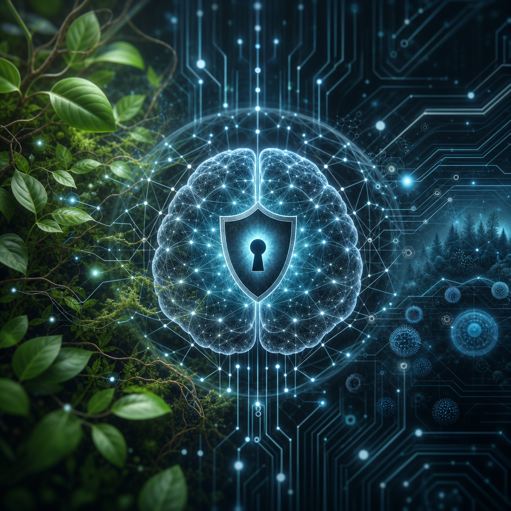Visualización de sistemas neurobiológicos en red para protección cibernética avanzada, con naturaleza y tecnología fusionadas