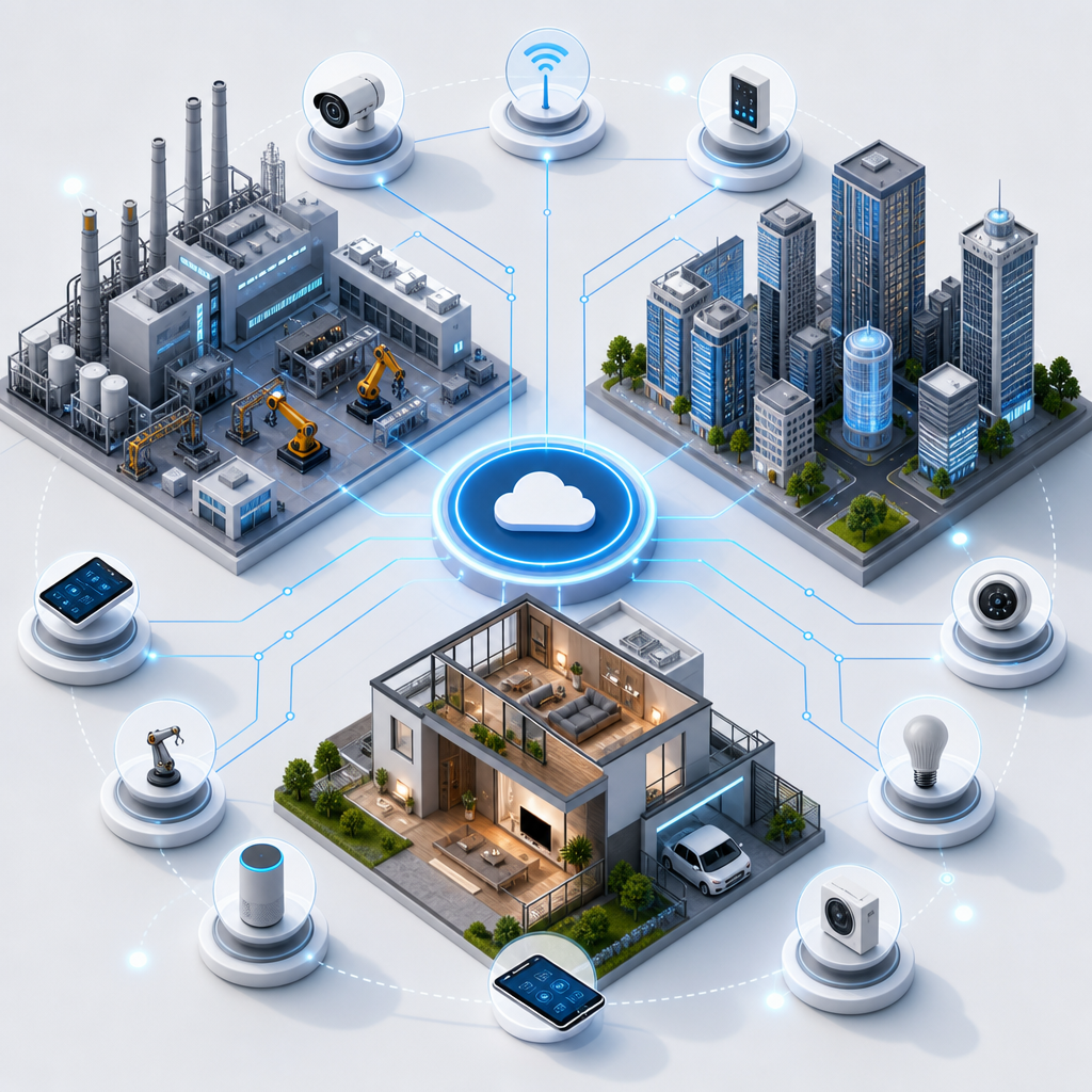 Diseño conceptual de ecosistema IoT en industrias y hogares, integrando tecnología avanzada y conectividad sincronizada
