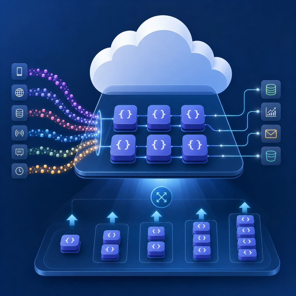 Ilustración de plataforma FaaS en nube operando eventos con eficiencia y escalabilidad.