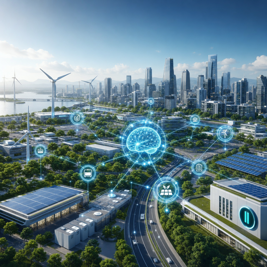 Representación artística de una red inteligente energizada por IA optimizando recursos renovables en una ciudad moderna