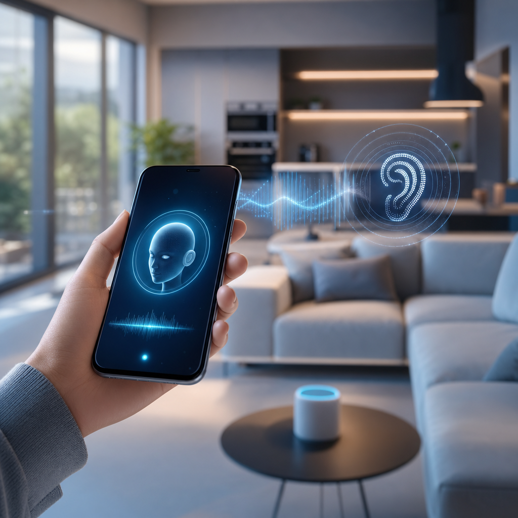 Asistente virtual en smartphone, comprensión auditiva en entorno doméstico moderno, inteligencia artificial, tecnología futura