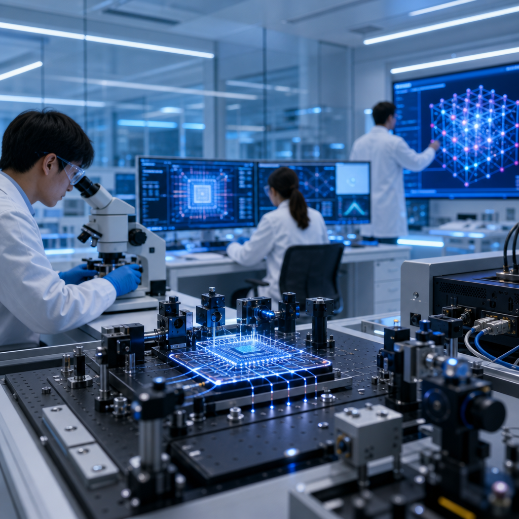 Un laboratorio moderno donde ingenieros trabajan en chips fotónicos cuánticos, con equipos de alta tecnología y pantallas digitales