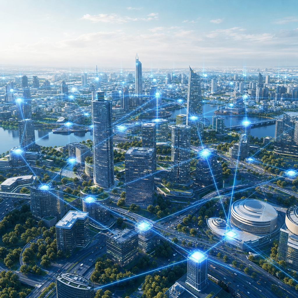 Vista aérea de una ciudad inteligente con redes digitales en 3D conectando infraestructuras modernas. Editorial y futurista.