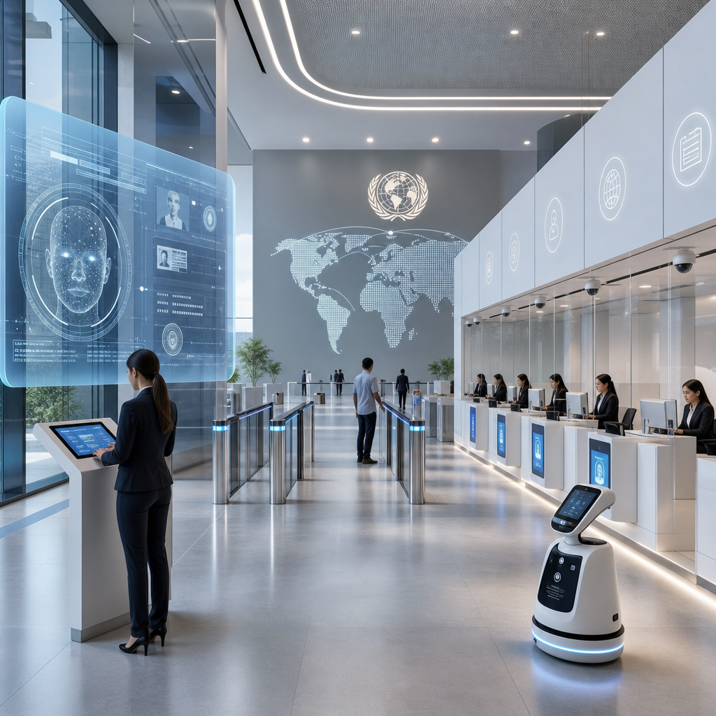 Embajada moderna donde se integran sistemas de inteligencia artificial para procesos consulares automatizados