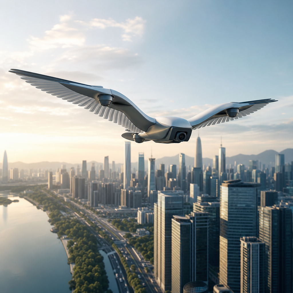 Un dron volando inspirado en el vuelo de un pájaro, con alas extendidas sobre un paisaje urbano