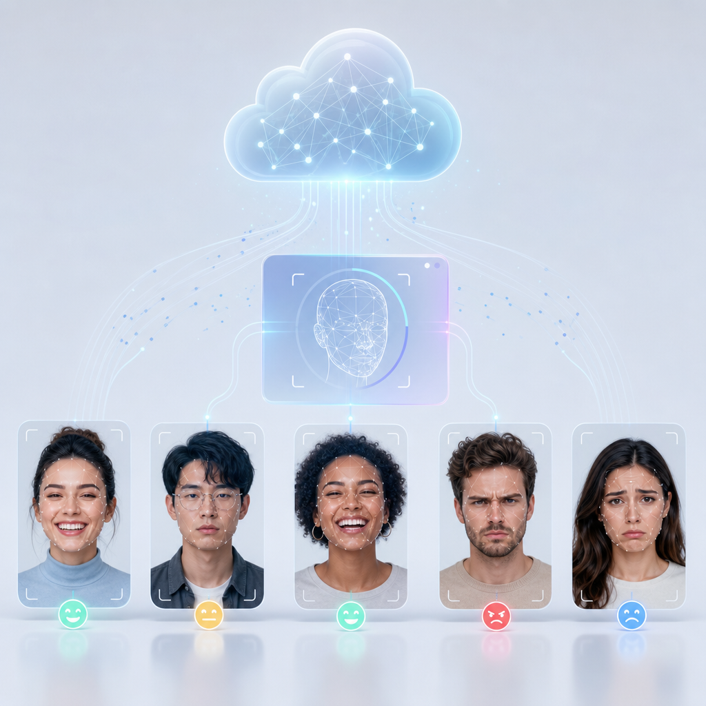 Ilustración de software sensible reconociendo emociones humanas a través de tecnologías cloud modernas