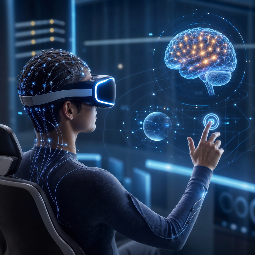 Representación artística de usuario interactuando con neurointerfaz en realidad virtual, ambiente futurista, detalle en cerebro activado