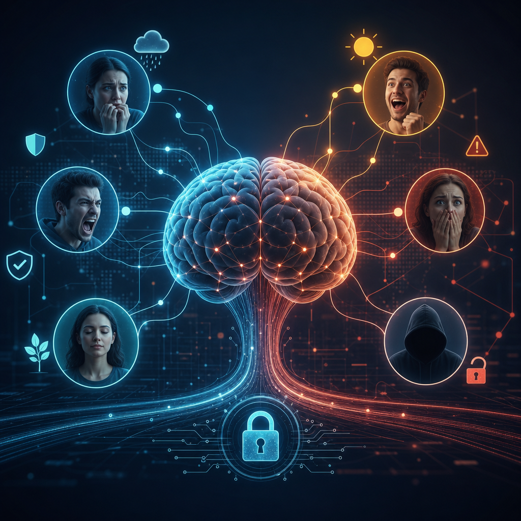 Ilustración de cómo las emociones humanas pueden influir en la ciberseguridad, mostrando un cerebro humano conectado a redes digitales, estilo editorial moderno