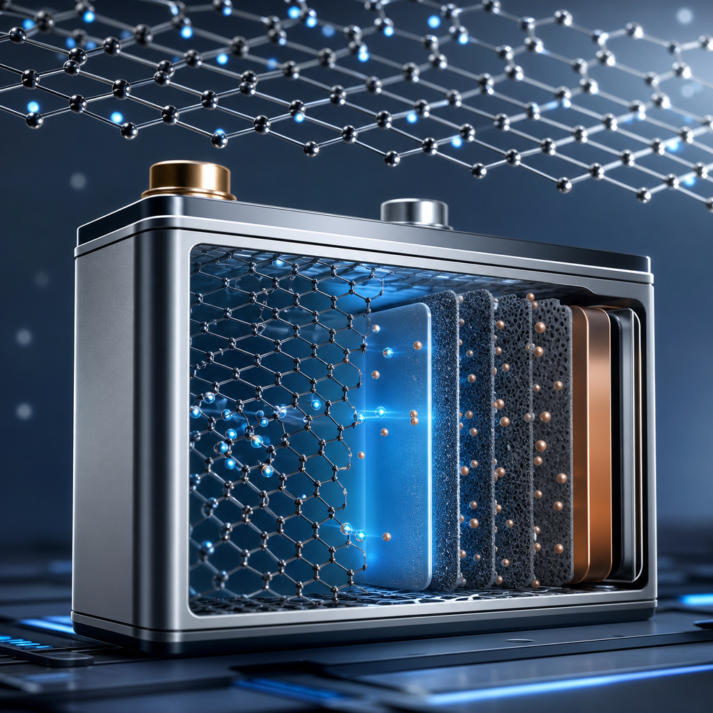 Nanomateriales en forma de grafeno mejorados en un dispositivo de batería avanzada, editorial y moderno