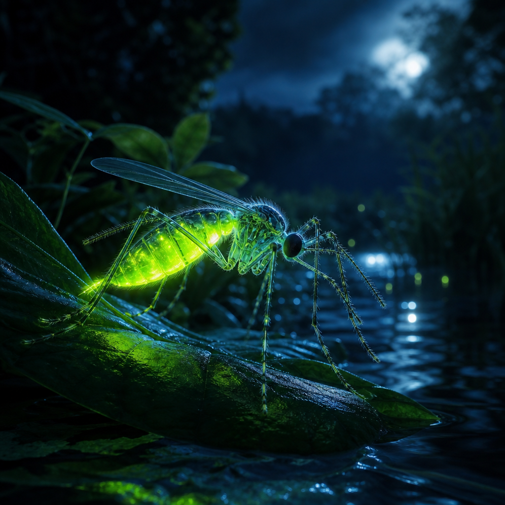 Imagen detallada de organismo bioluminiscente modificado genéticamente emitiendo luz en entorno natural nocturno