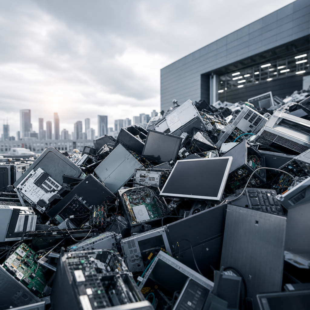 Imagen editorial mostrando impactante acumulación de desechos electrónicos en un basurero tecnológico moderno.