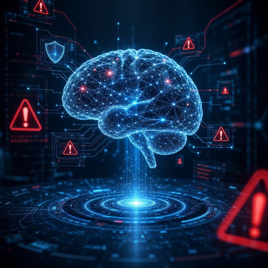 Un cerebro en red digital analizando amenazas cibernéticas con estilo futurista y profesional