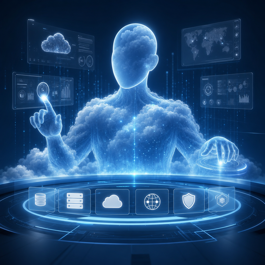 Representación artística de un Cloud Avatar gestionando plataformas de la nube con interfaz futurista