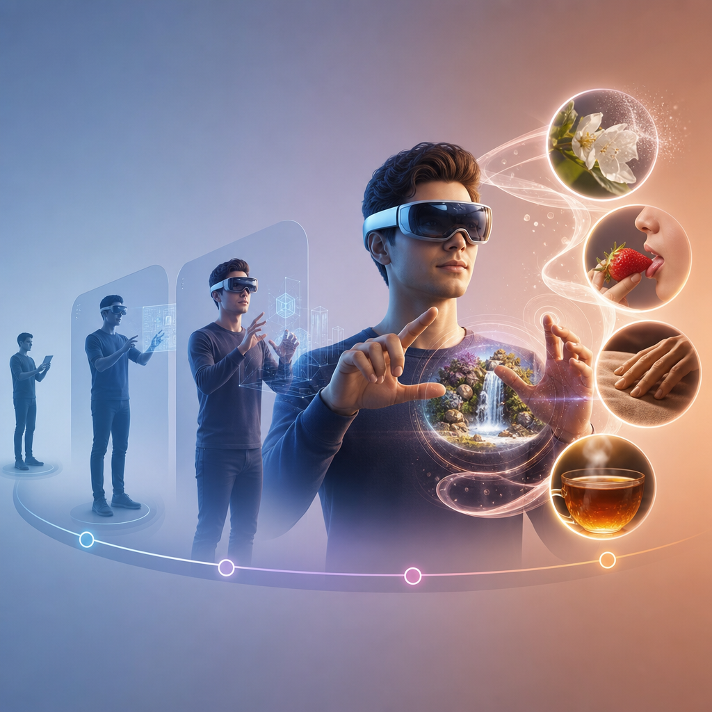 Una representación gráfica de la evolución de la realidad aumentada incorporando sentidos como olfato gusto tacto en experiencias vívidas modernas