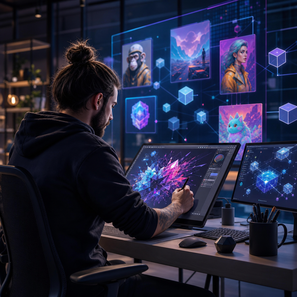 Artista digital trabajando en entorno moderno con pantallas de blockchain y NFTs en fondo