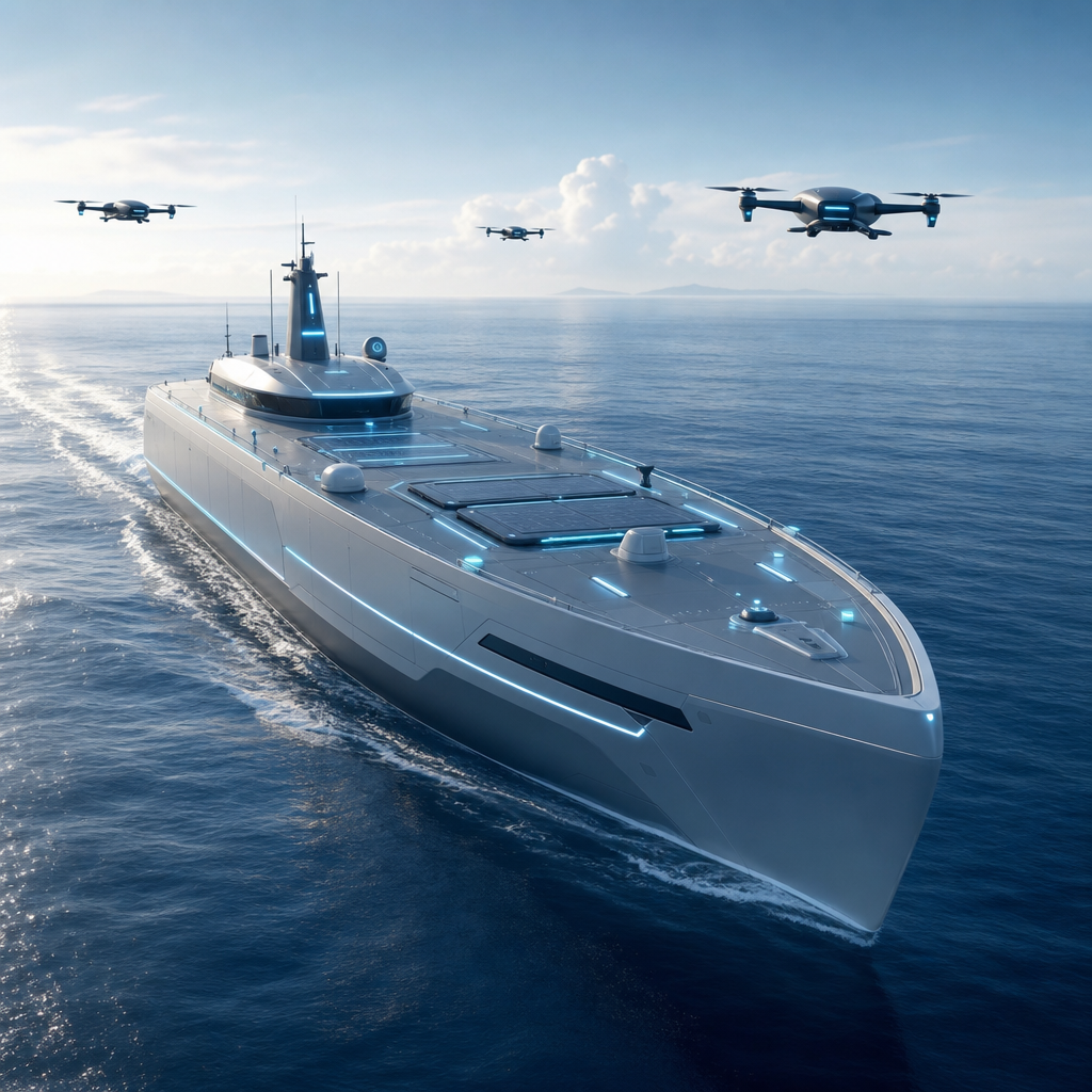 Vista futurista de un barco autónomo surcando el océano con tecnología avanzada en la cubierta y drones sobrevolándolo