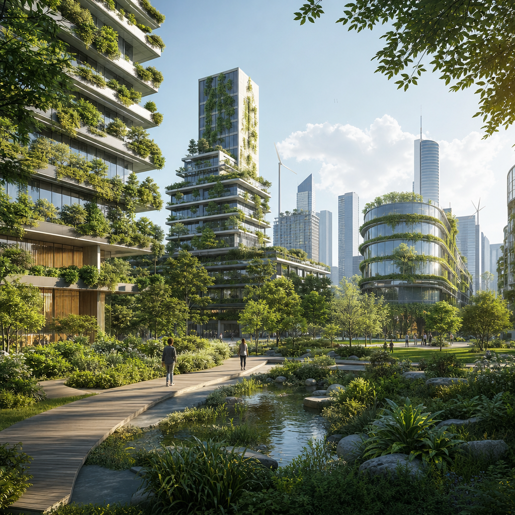 Imagen de arquitectura urbana verde inspirada en la naturaleza, con edificios y vegetación coexistiendo en armonía natural