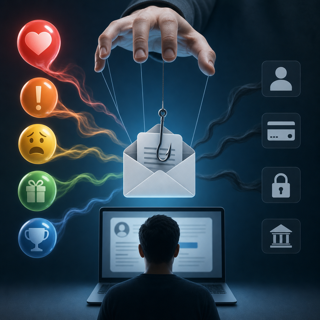 Ilustración describe cómo el phishing conductual puede manipular emociones humanas básicas en entornos digitales