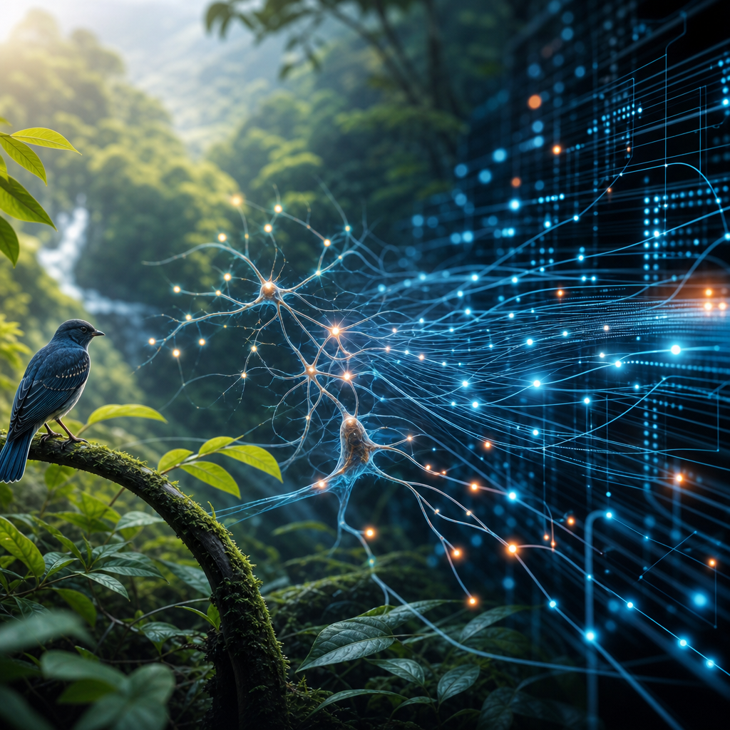 Imitación de redes neuronales biológicas en flujo de datos digital, enfoque moderno, ecosistema natural como fondo