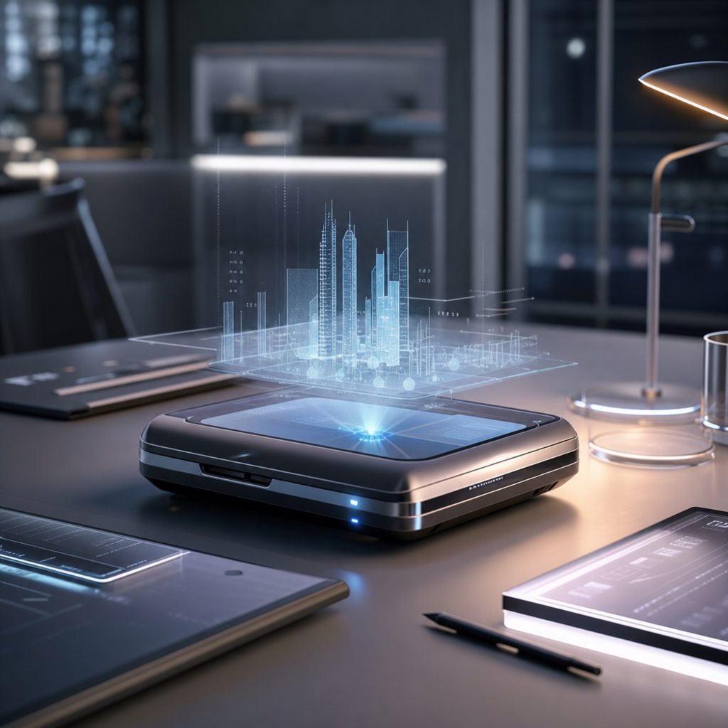 Imagen de un dispositivo portátil holográfico sobre mesa de trabajo futurista alto detalle y luz suave