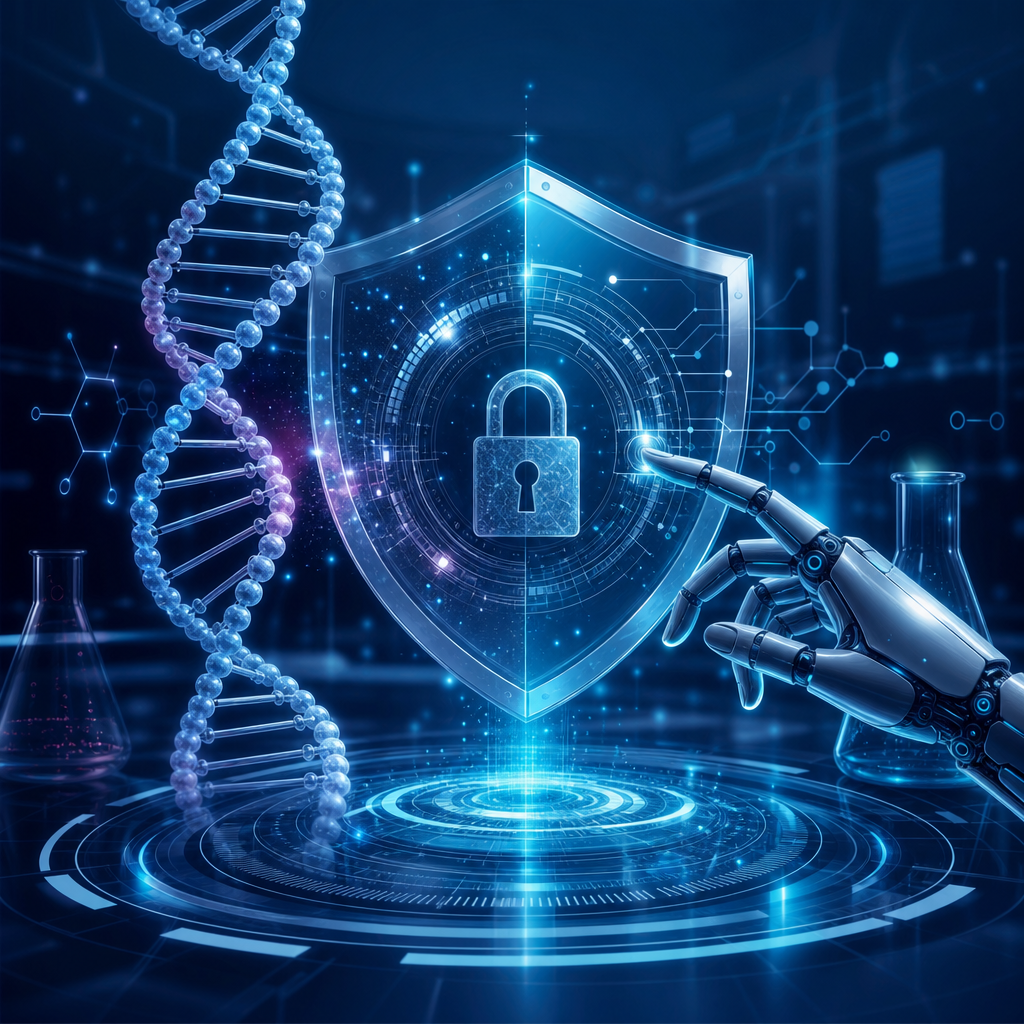 Ilustración futurista de la biotecnología y ciberseguridad fusionando en un entorno digital moderno