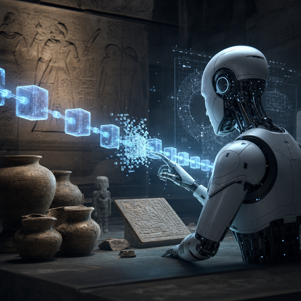 Imagen de inteligencia artificial analizando una cadena de bloques de datos perdidos para criptoarqueólogos
