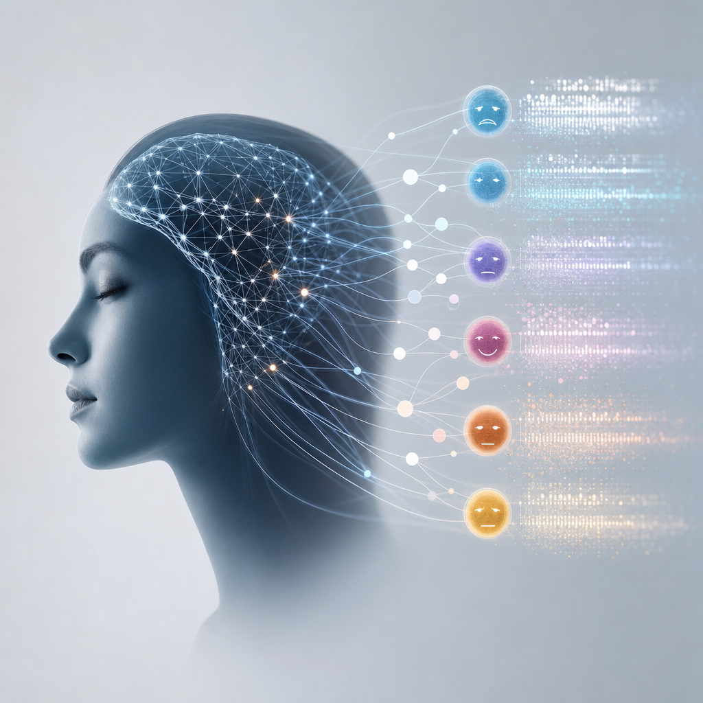 Ilustración editorial sobre redes neuronales procesando emociones humanas en texto de manera futurista