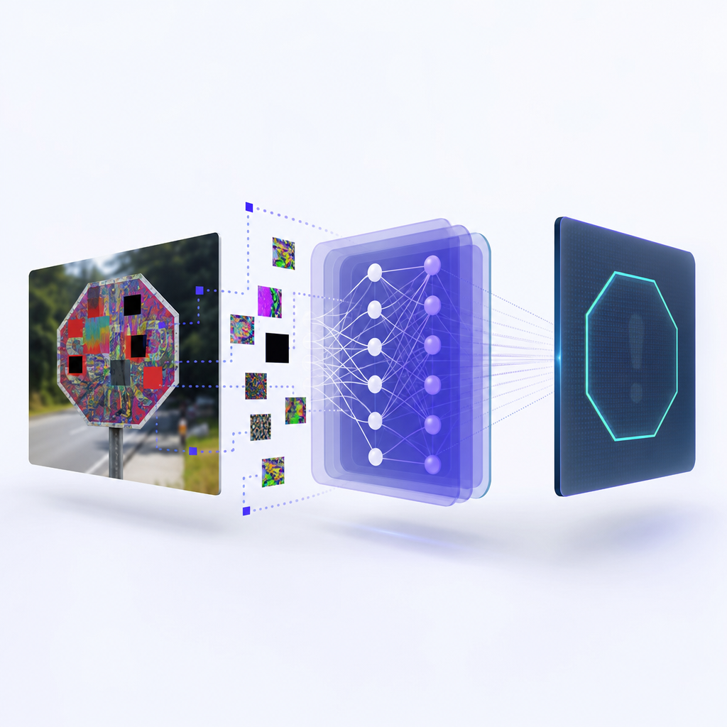 IA generando un ataque adversarial en sistema de inteligencia artificial utilizando parches visuales, estilo editorial