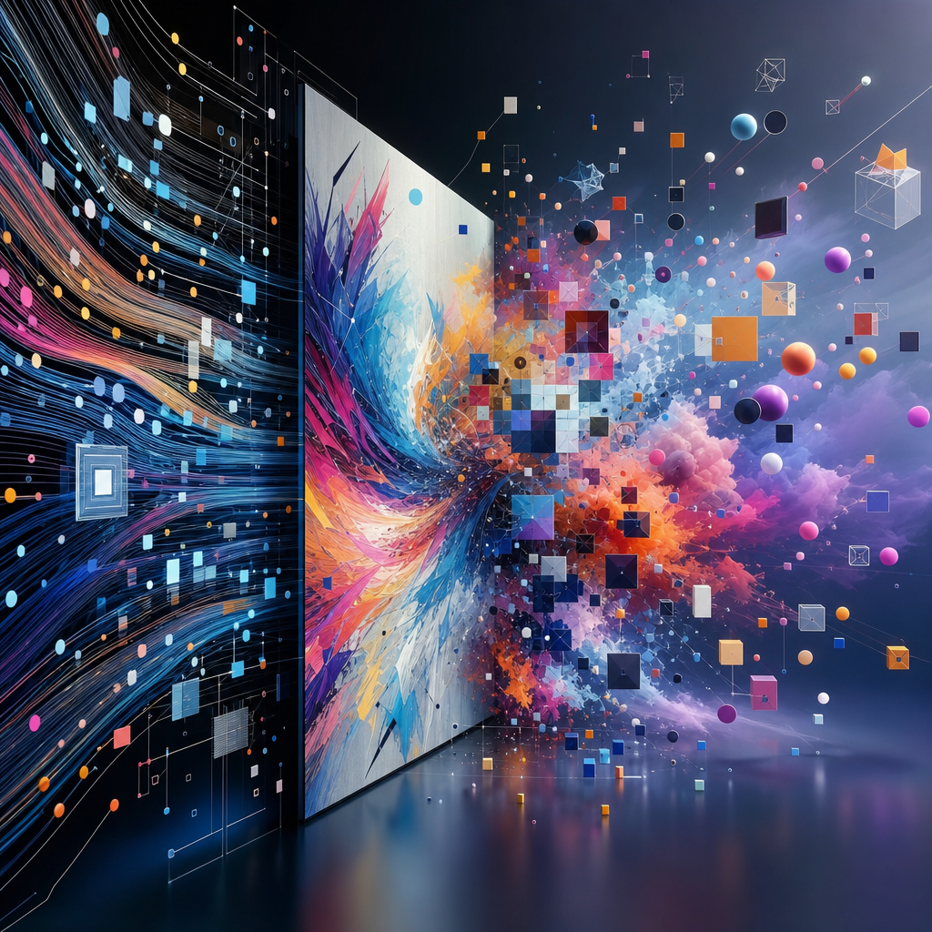 Una representación visual de algoritmos creando arte digital, mostrando interacciones de colores y formas innovadoras.
