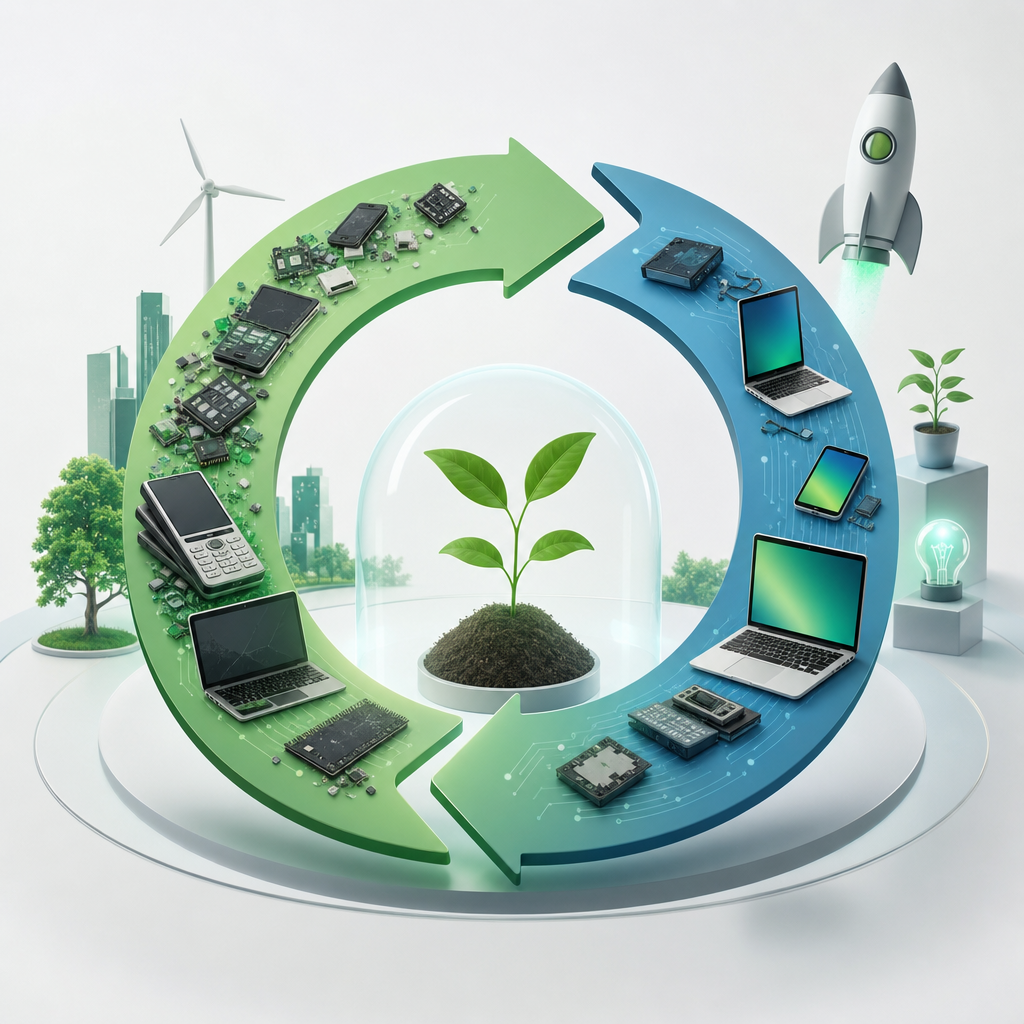 Ilustración conceptual de economía circular digital, startup que reutiliza tecnología obsoleta para innovación sostenible