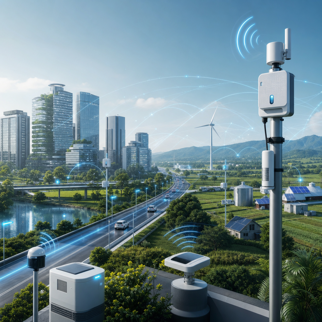 Ilustración de dispositivos urbanos y rurales usando tecnologías de frecuencia adaptativa en un paisaje moderno futurista