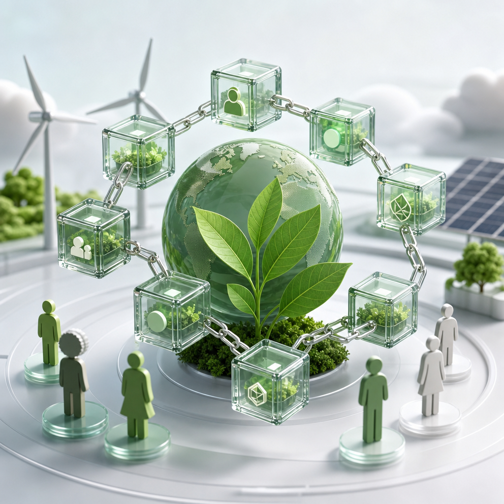 Ilustración ética y moderna de blockchain verde promoviendo la sostenibilidad y equidad en plataformas Web3