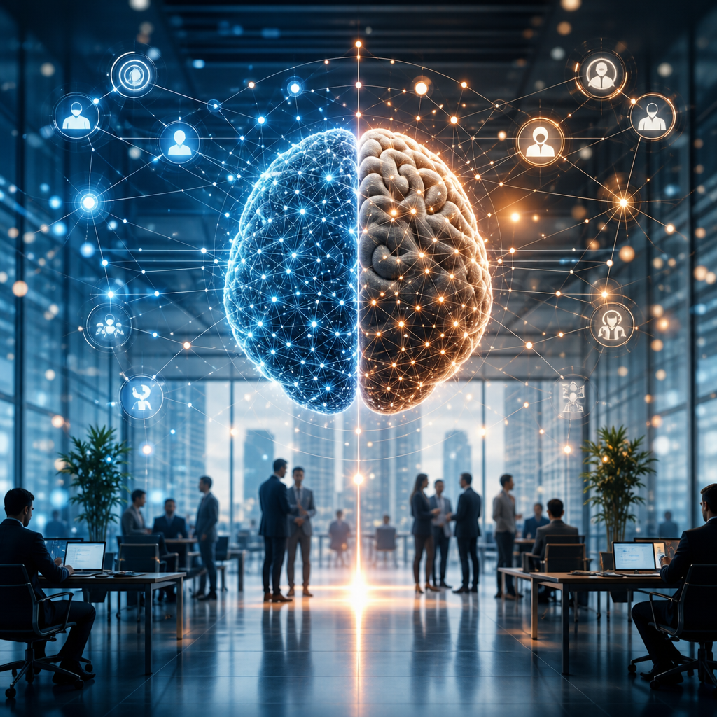 Conceptualización artística de cerebro interconectado digital y humano en entorno empresarial moderno