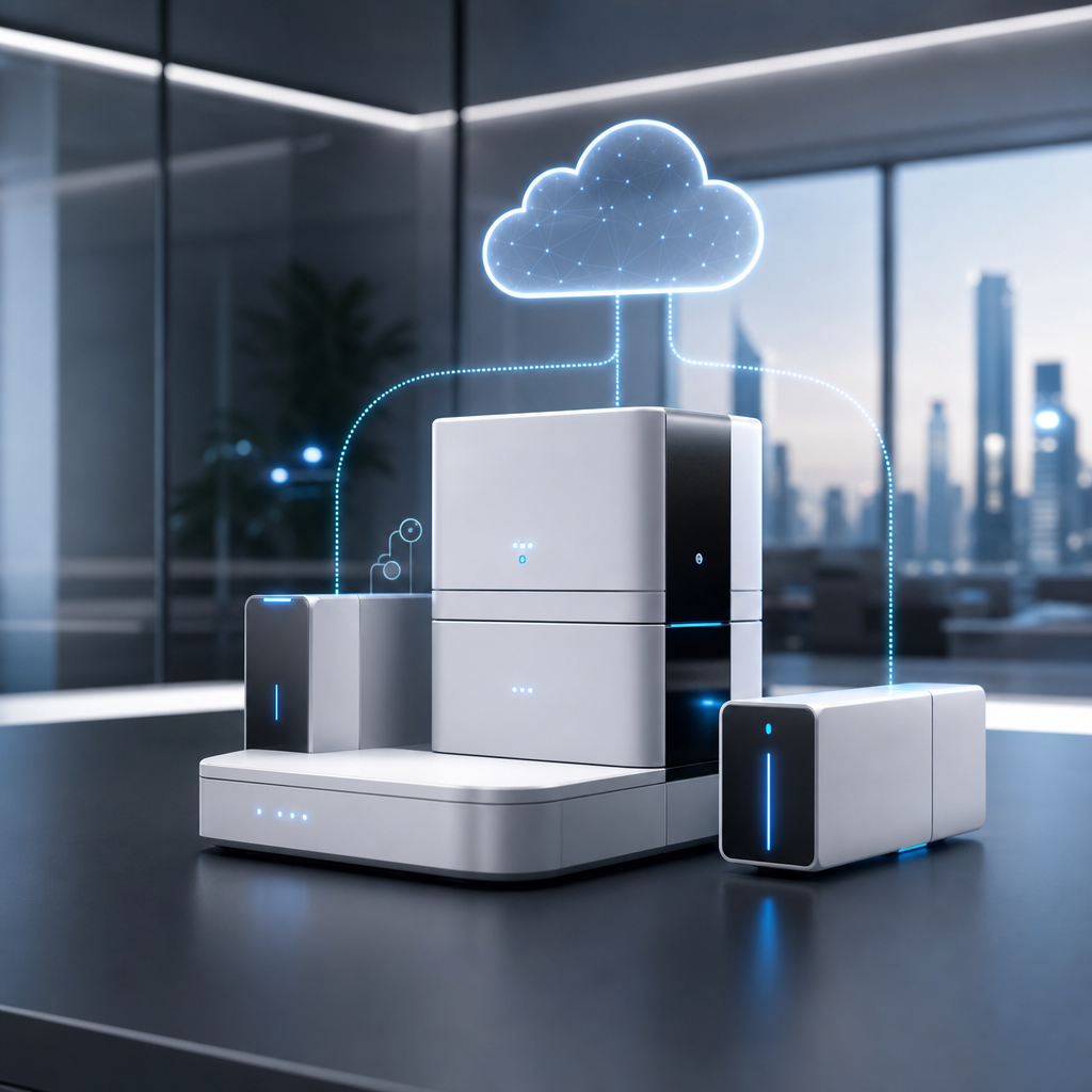 Dispositivos modulares futuristas con conectividad en la nube, diseño elegante en un ambiente tecnológico moderno y corporativo