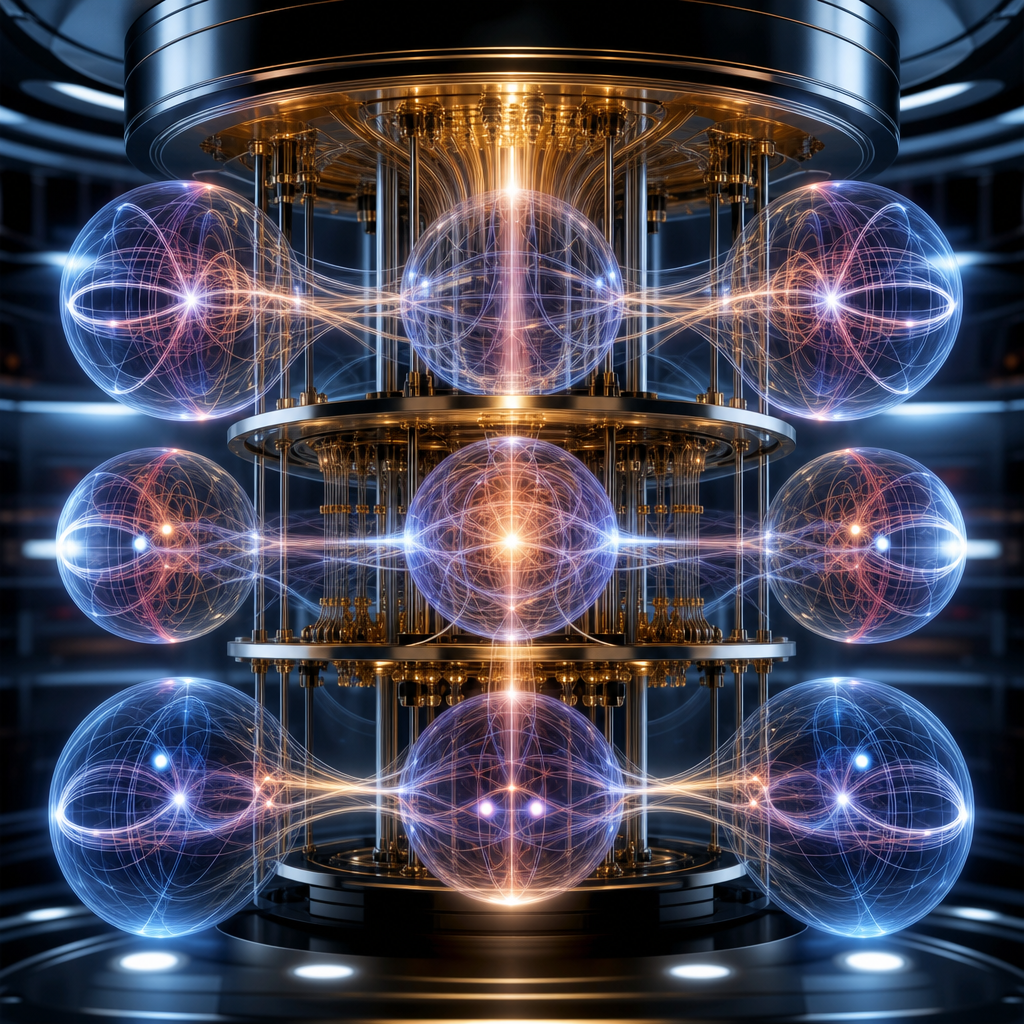 Vista conceptual de un ordenador cuántico operando en múltiples estados simultáneamente con qubits fundidos en luz