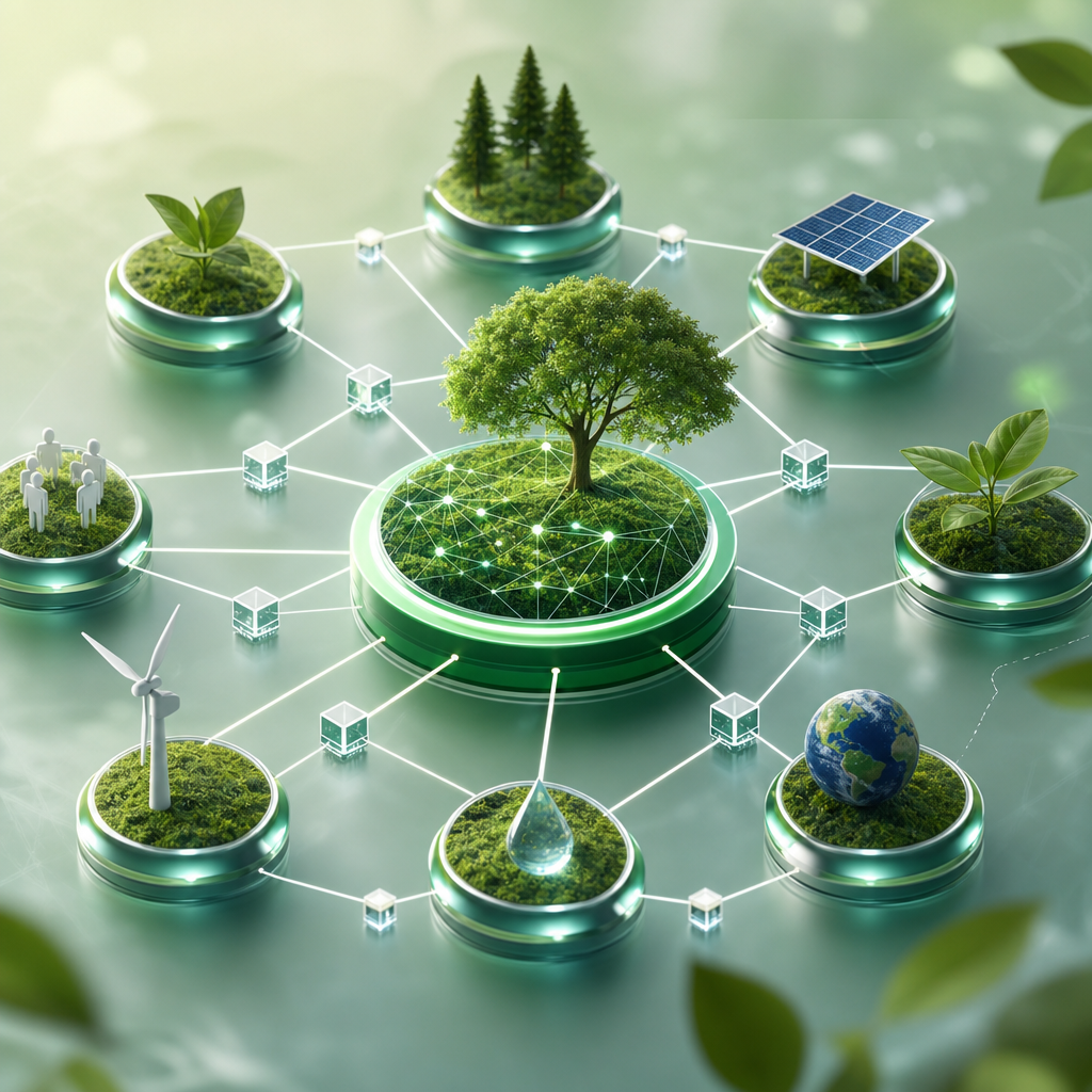 Imagen de un ecosistema digital con nodos interconectados representando blockchain aplicado a ecología, estilo editorial profesional
