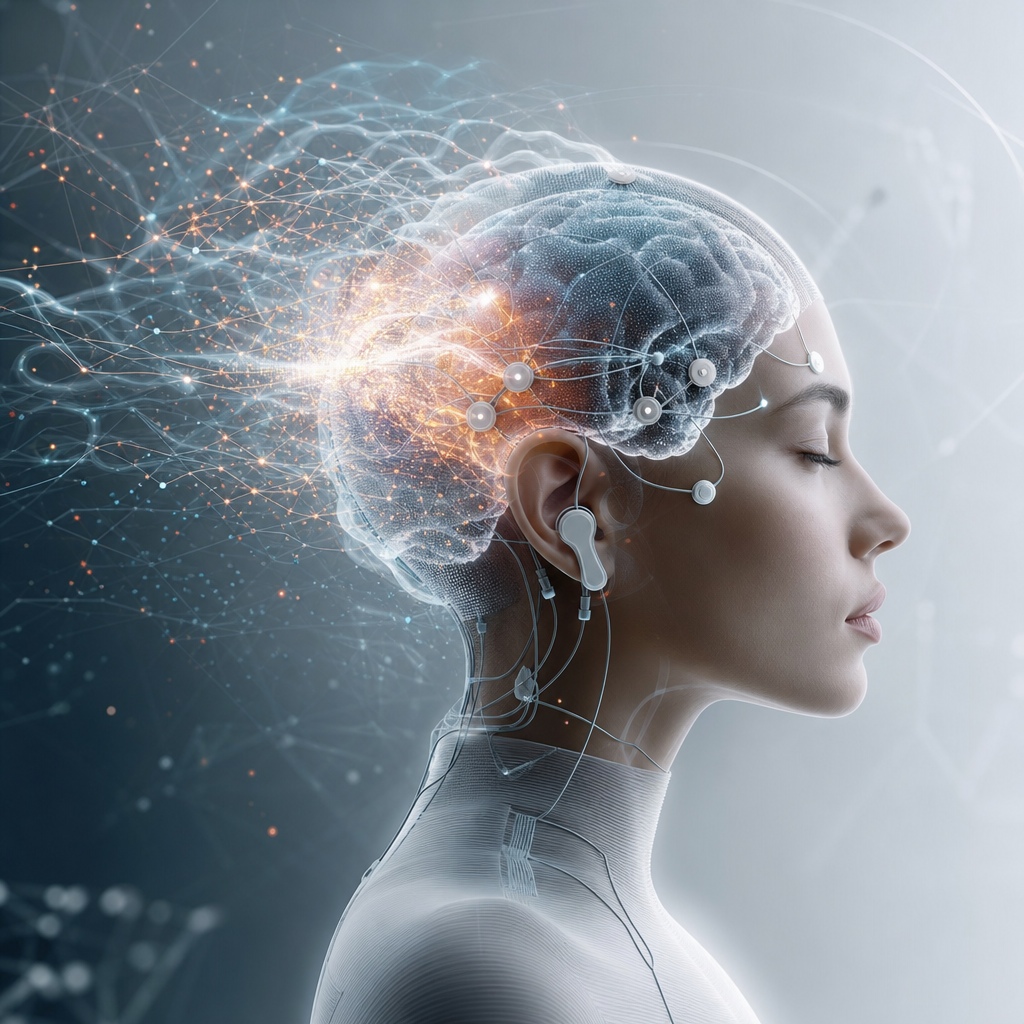 Interconexión cerebral y digital, IA generativa en fusión con interface cerebro-máquina, estilo editorial futurista moderno
