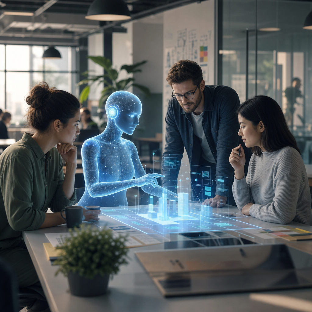Visualización artística de colaboración entre un equipo humano y una IA en una startup, oficina moderna