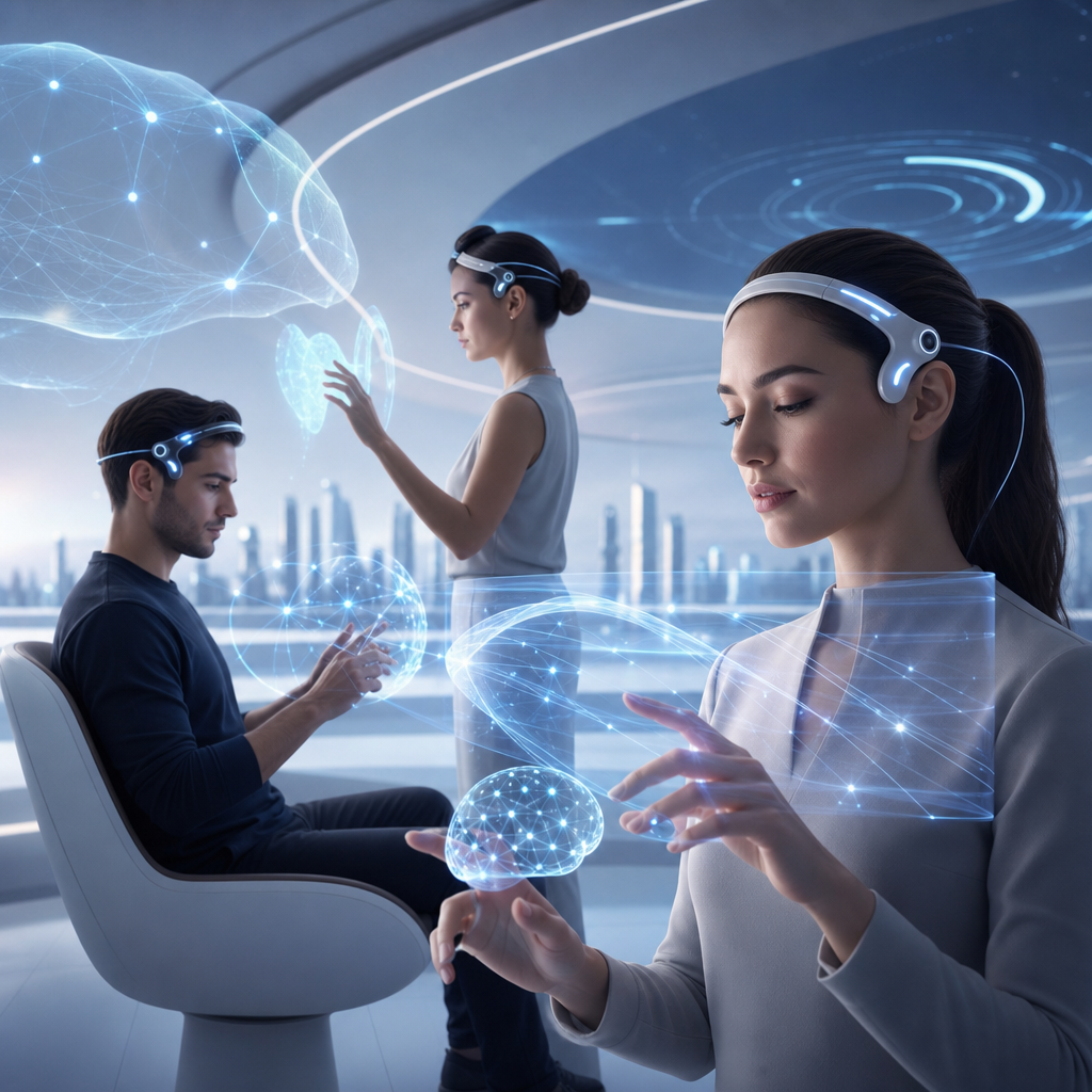Representación artística personas usando dispositivos neurointuitivos con interacción fluida y fondo tecnológico futurista.
